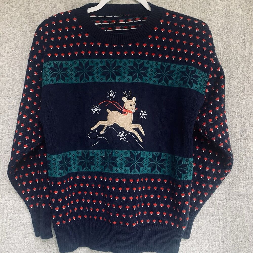 Vtg Nordic Reindeer Sweater Fair Isle Christmas Holiday Prancing Ski Lodge USA